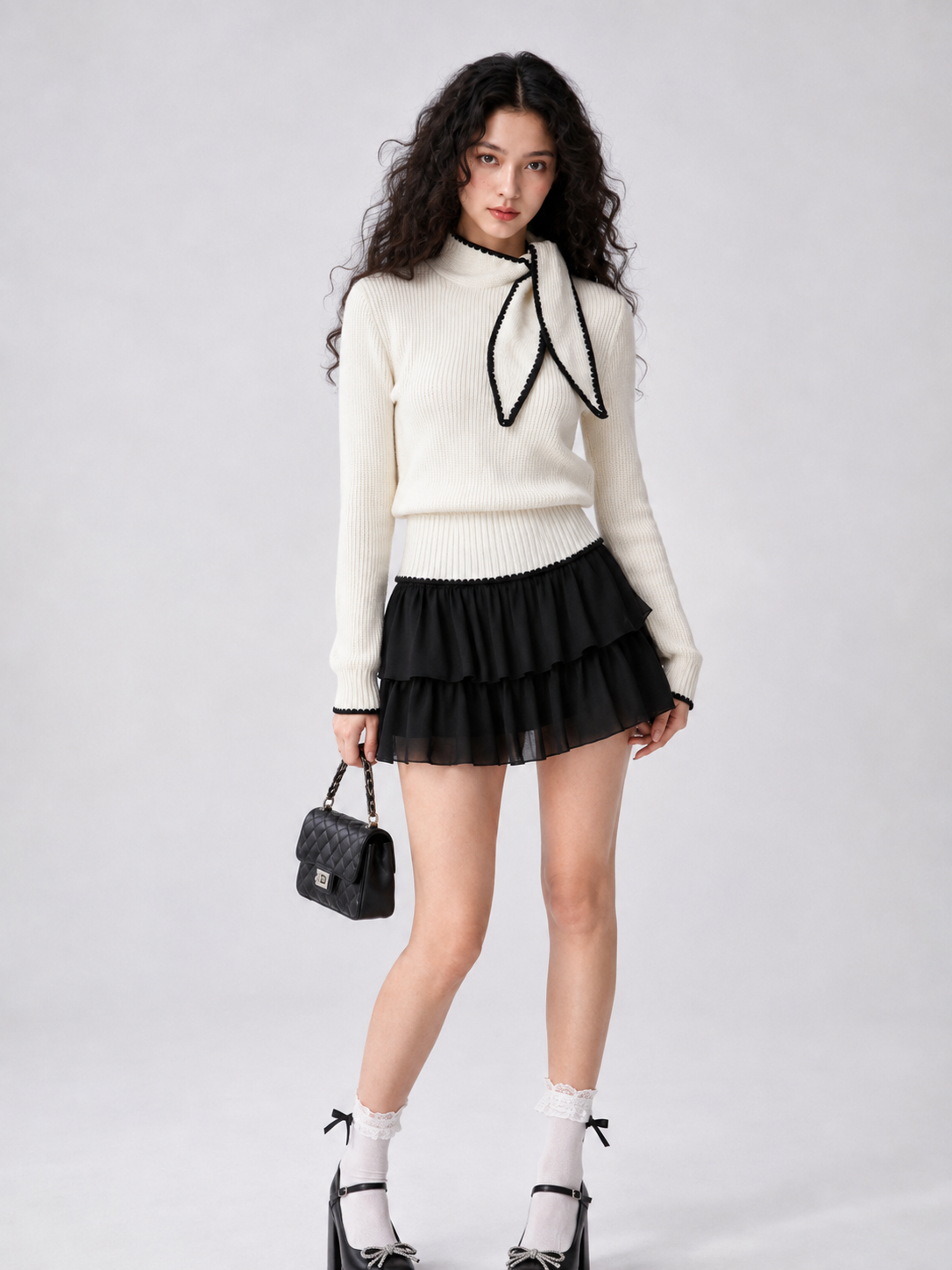 Women’s French Style High Neck Bow Knit Top