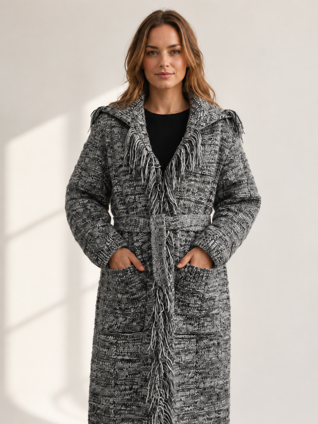 Women's Wool Blend Long Cardigan Sweater with Fringe Detail Belt