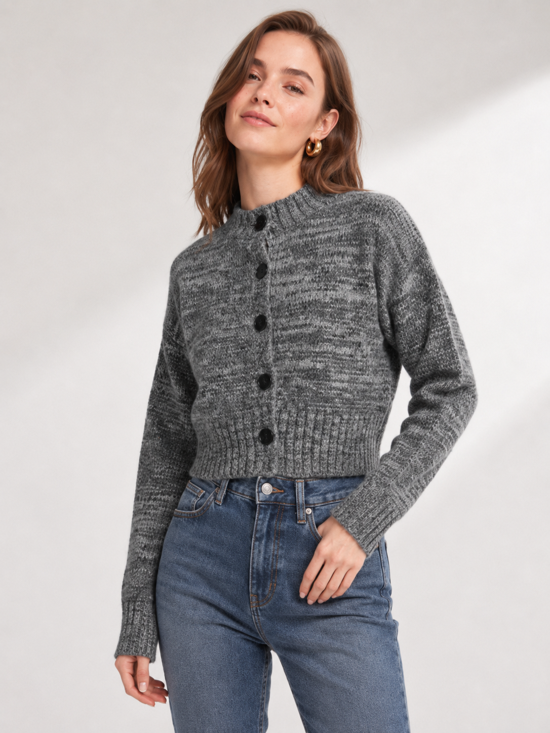 Women's Wool Blend Short Cardigan Sweater Crew Neck Button Knitwear