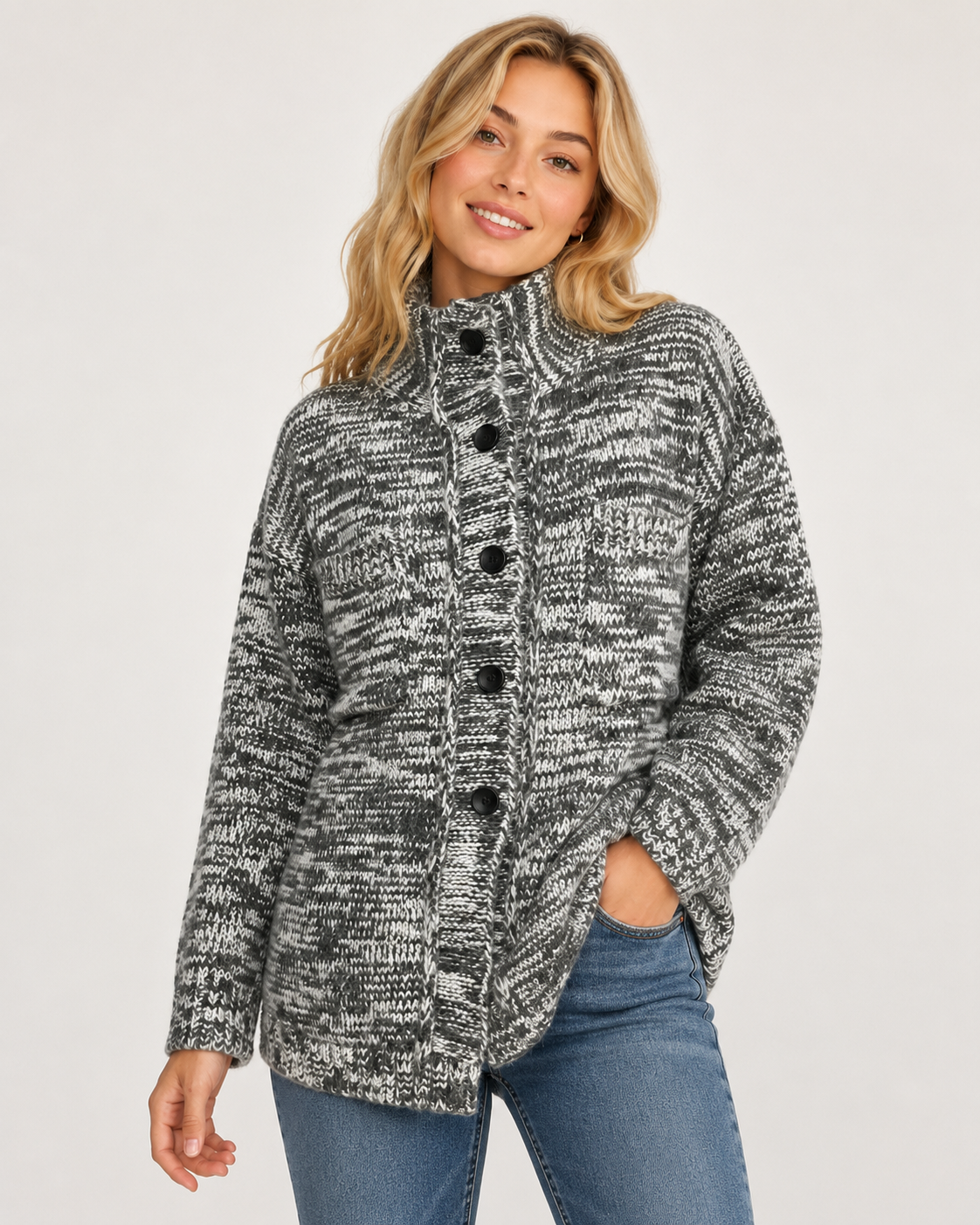 Unisex Wool Blend High Neck Knit Cardigan Sweater Button Front