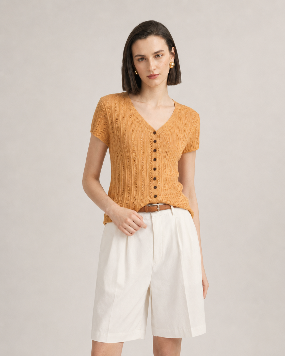 Women’s V-Neck Short Sleeve Openwork Knit Top