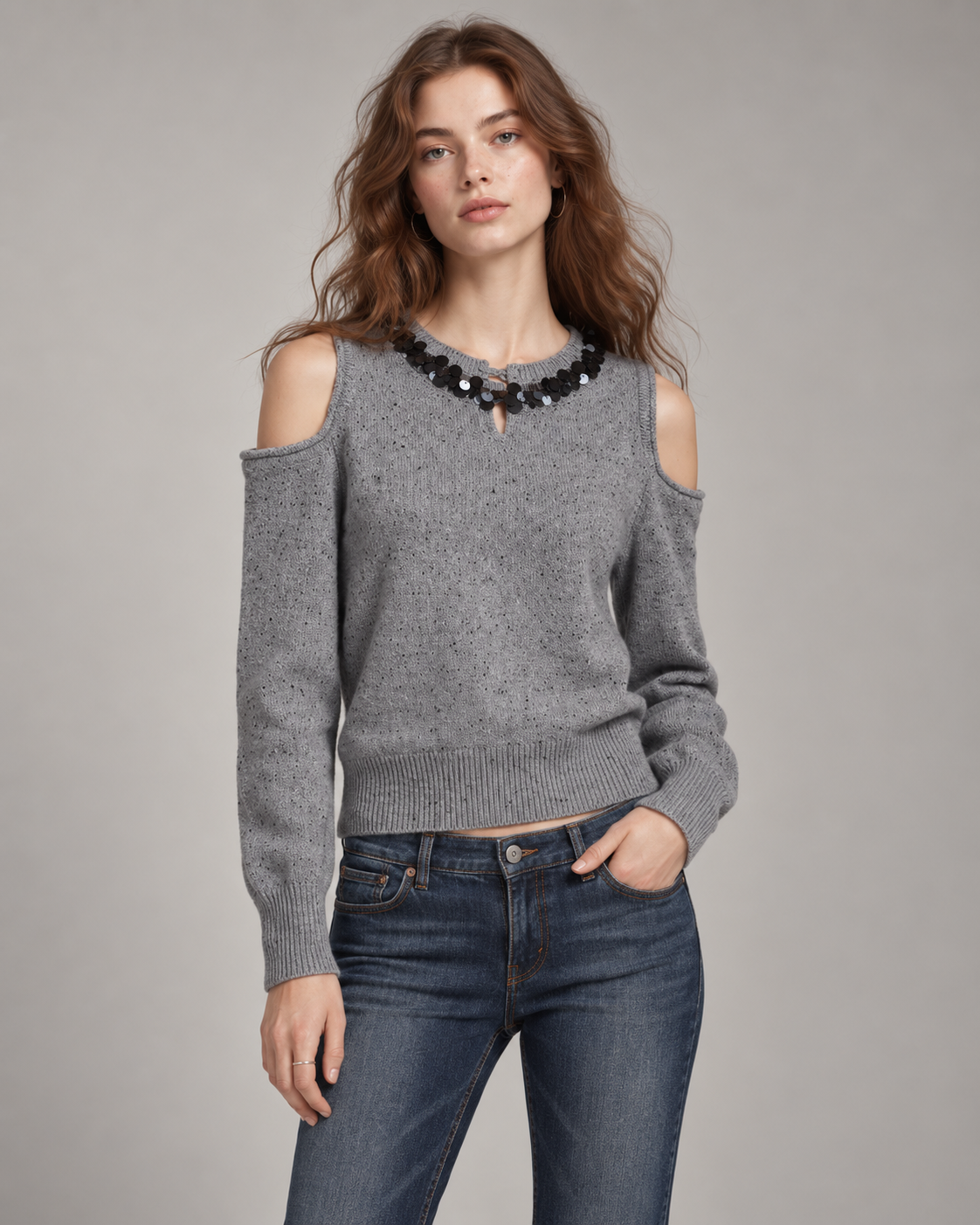 Women's Cold Shoulder Wool Blend Knit Sweater