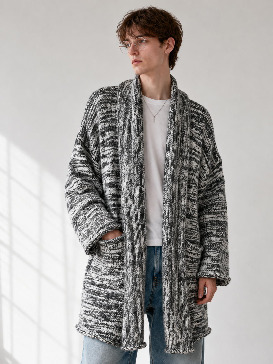 Unisex Wool Cashmere Blend Chunky Knit Cardigan Sweater Oversized Open Front