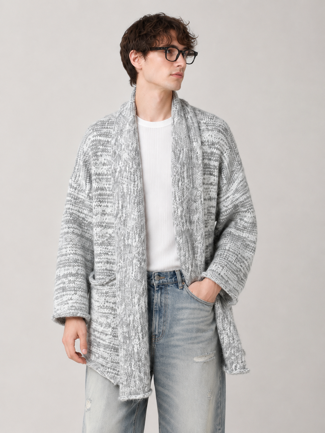 Unisex Wool Cashmere Blend Chunky Knit Cardigan Sweater Oversized Open Front