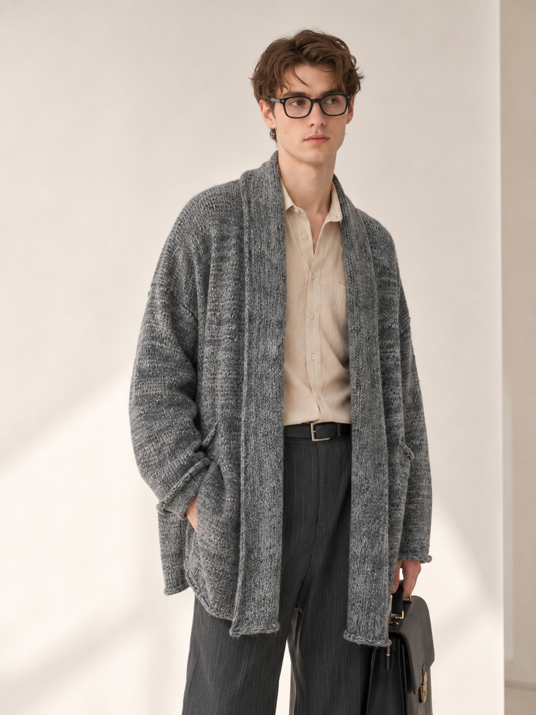 Unisex Wool Cashmere Blend Chunky Knit Cardigan Sweater Oversized Open Front