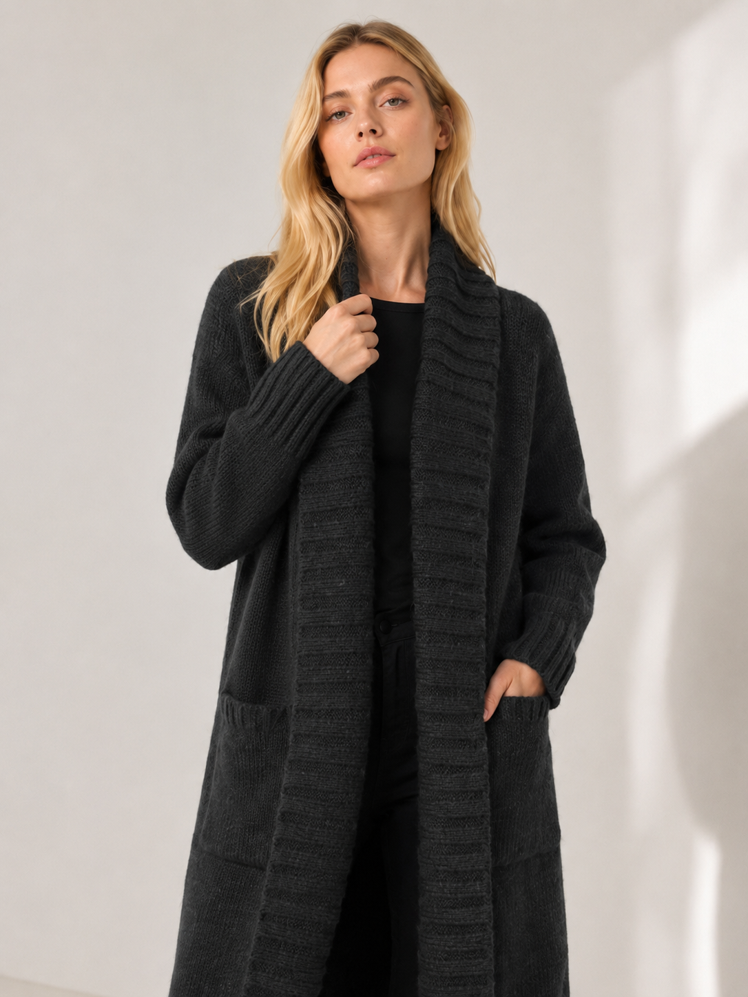 Women's Wool Blend Long Ribbed Knit Cardigan Sweater