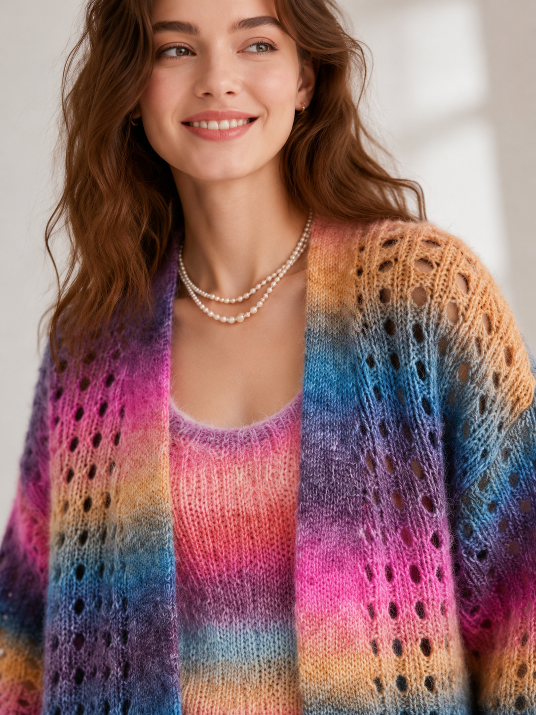 Women's Wool Blend Gradient Yarn Long Open Knit Cardigan Sweater