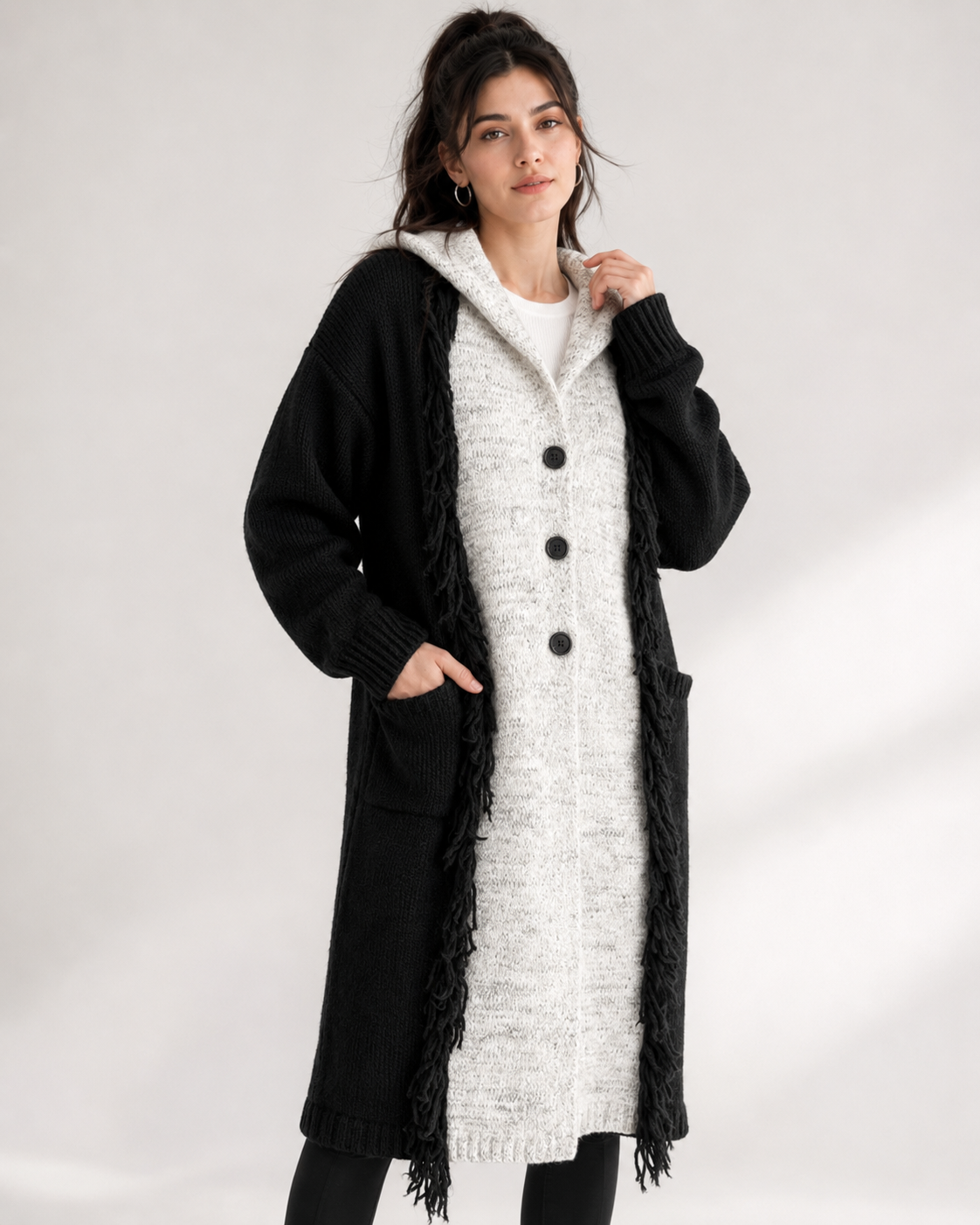 Women's Wool Blend Chunky Knit Hooded Long Cardigan Sweater