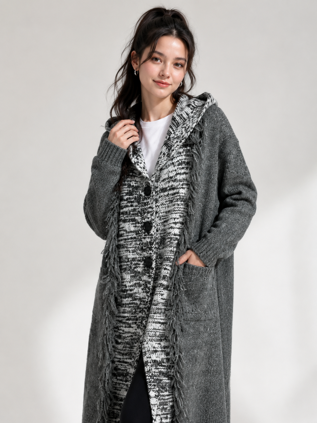 Women's Wool Blend Chunky Knit Hooded Long Cardigan Sweater