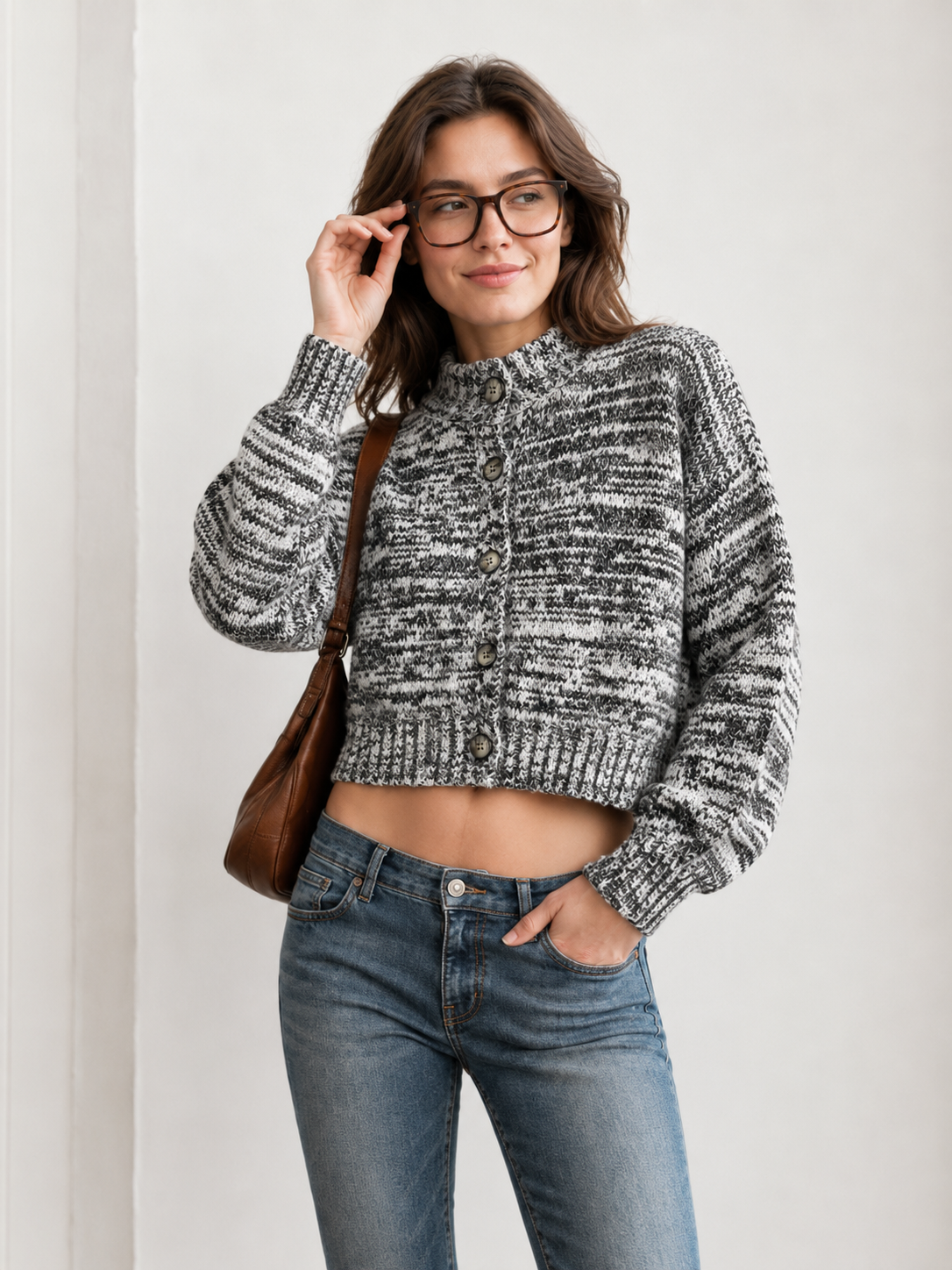 Women's Wool Blend Chunky Knit Crew Neck Short Cardigan Sweater
