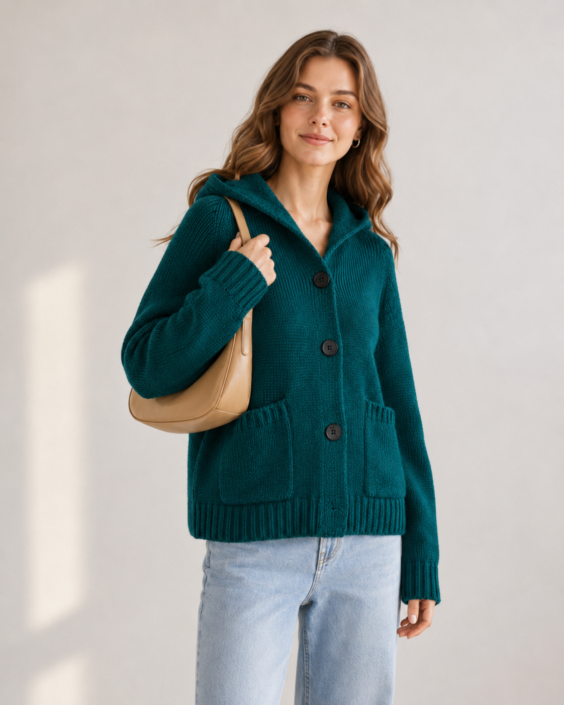 Women's Wool Blend Chunky Knit Hooded Short Cardigan Sweater