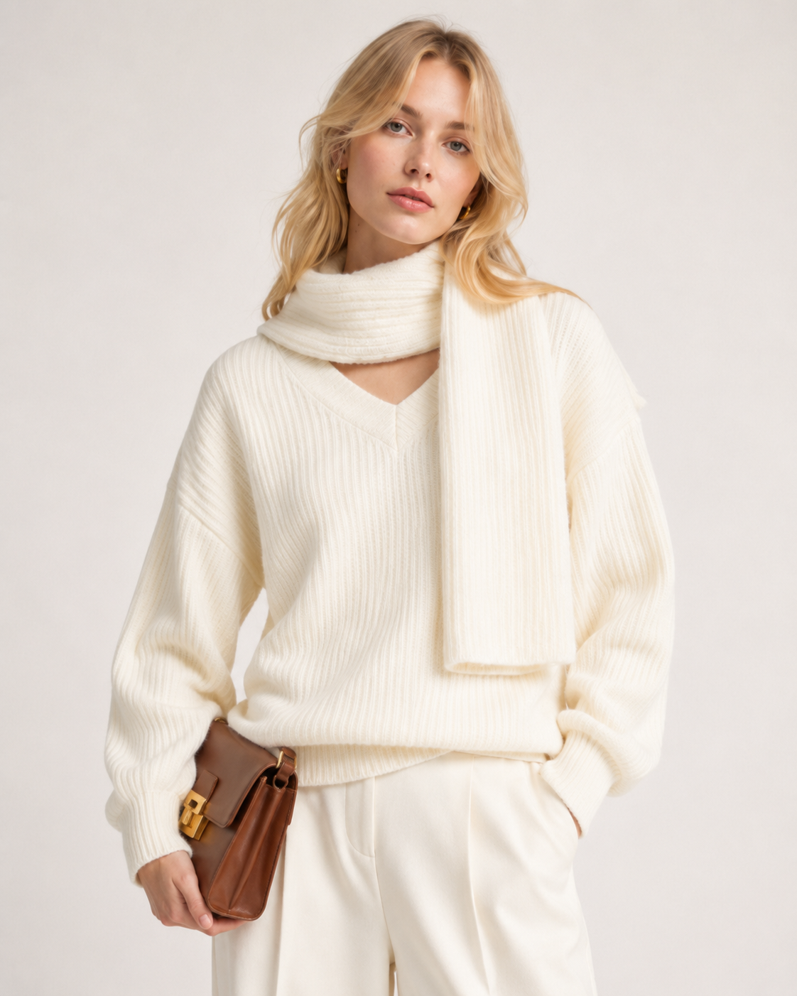 Women's Faux Cashmere V Neck Knit Sweater Set with Scarf
