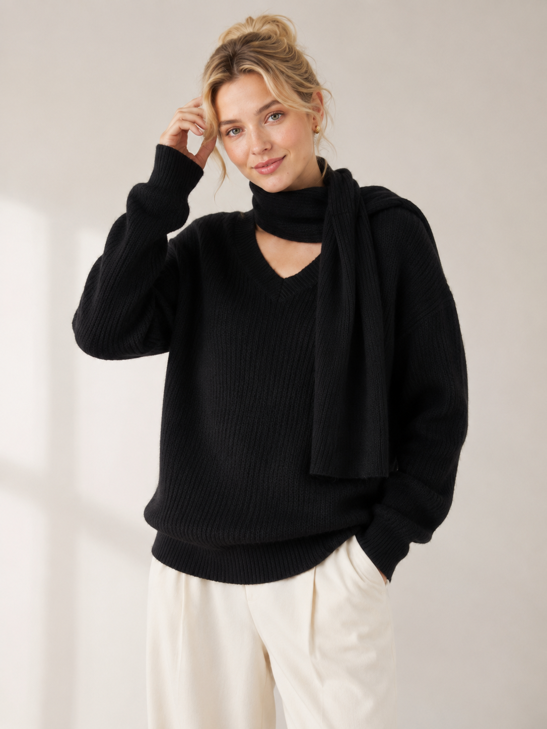 Women's Faux Cashmere V Neck Knit Sweater Set with Scarf