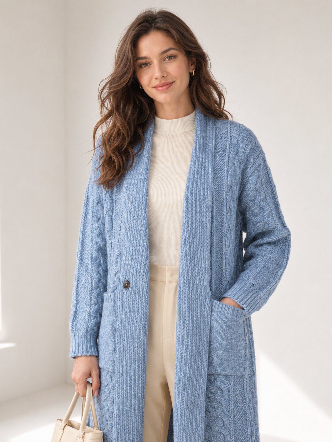 Women's Wool Blend Long Cable Knit Cardigan Sweater