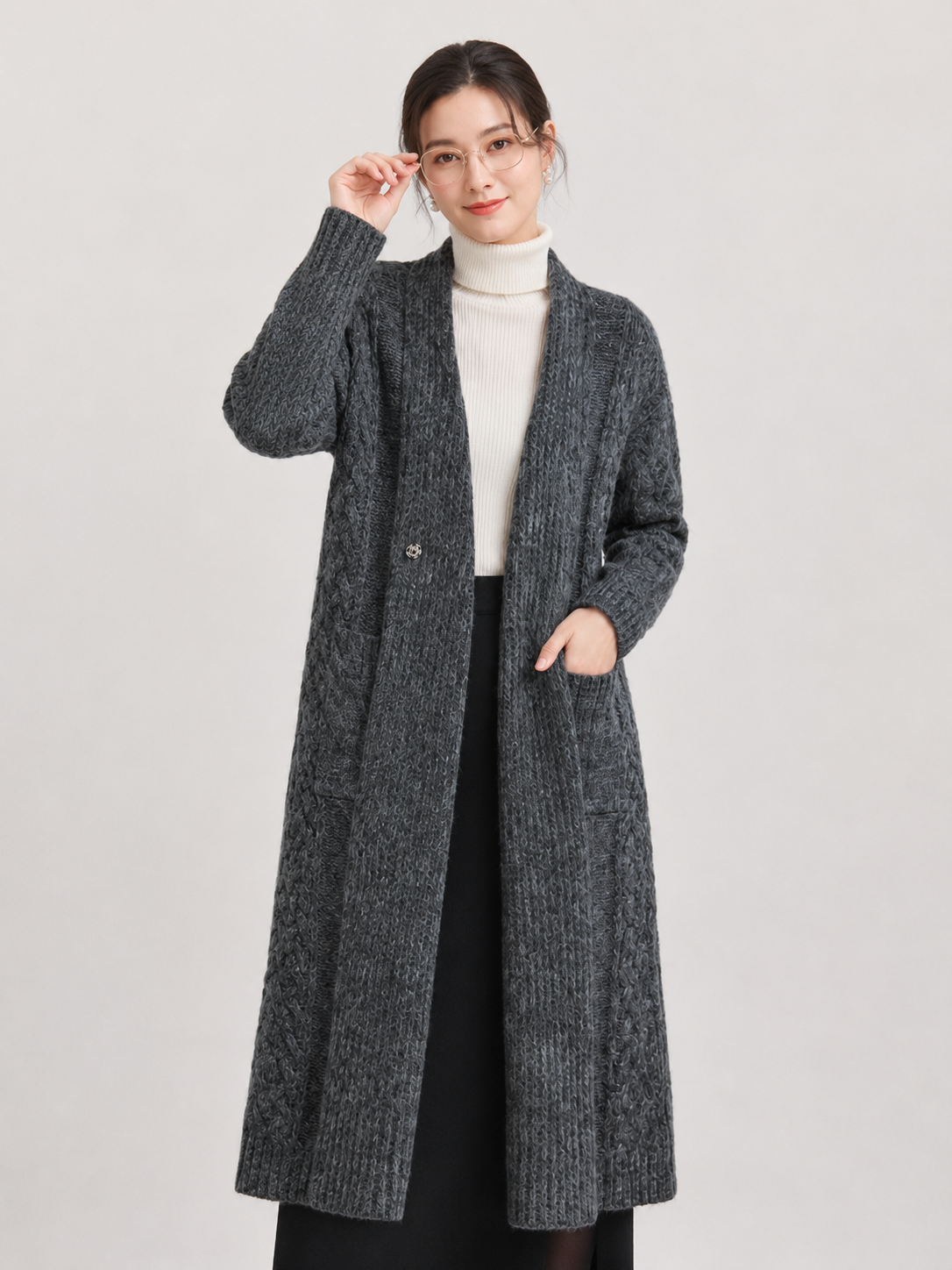 Women's Wool Blend Long Cable Knit Cardigan Sweater