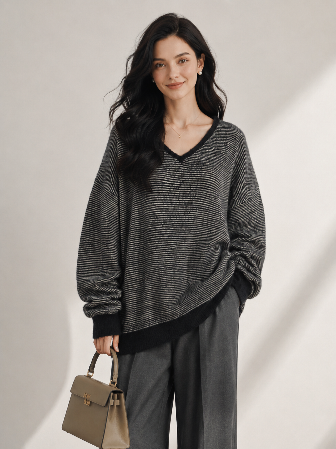 Women's Faux Mink Fur V Neck Striped Knit Sweater