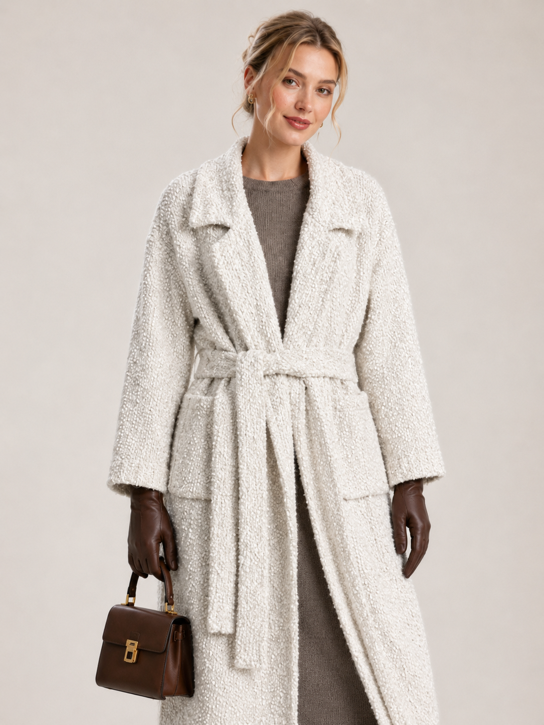 Women's Wool Blend Boucle Long Knit Coat Cardigan