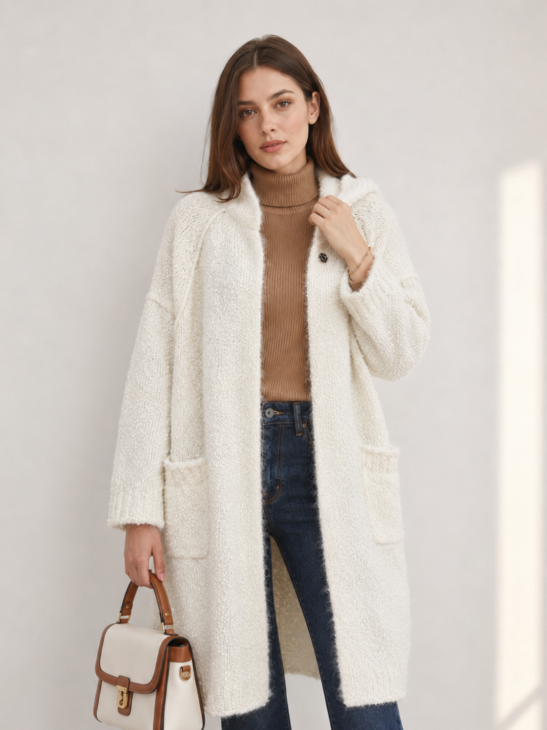 Women's Wool Blend Boucle Hooded Long Cardigan Coat