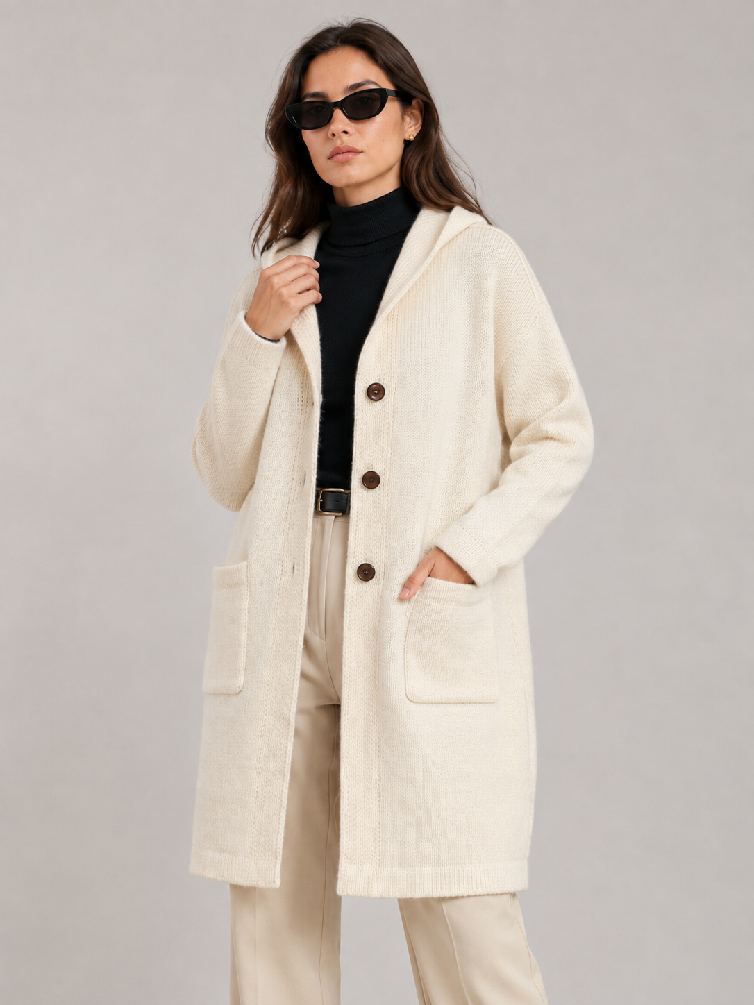 Women's Wool Blend Hooded Long Cardigan Coat with Wooden Buttons