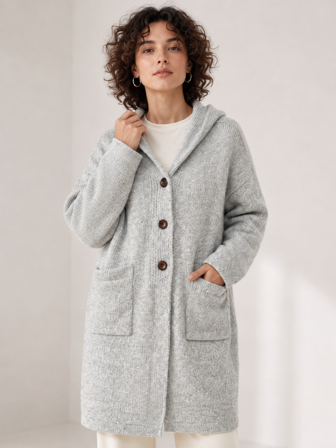 Women's Wool Blend Hooded Long Cardigan Coat with Wooden Buttons