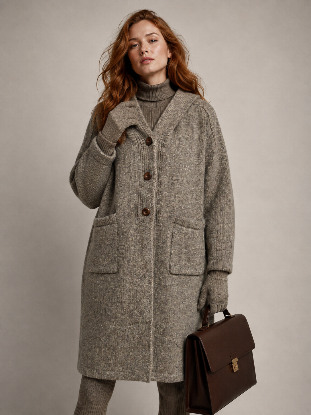 Women's Wool Blend Hooded Long Cardigan Coat with Wooden Buttons