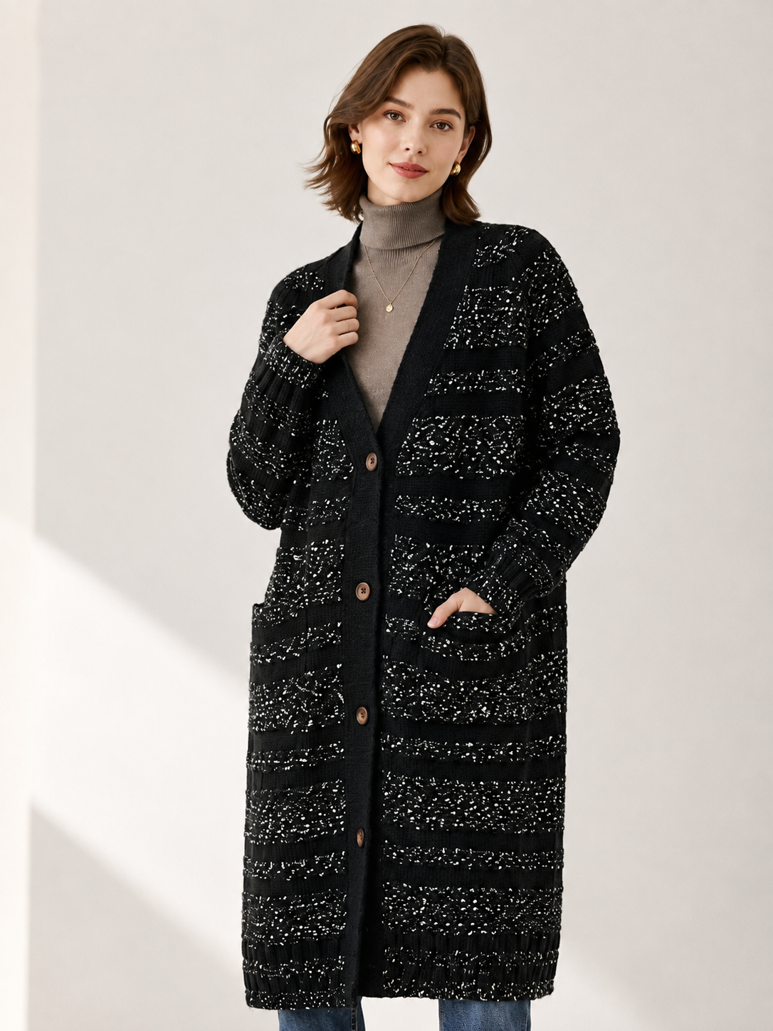 Women's Long Wool Blend Cardigan Coat with V Neck Wooden Buttons