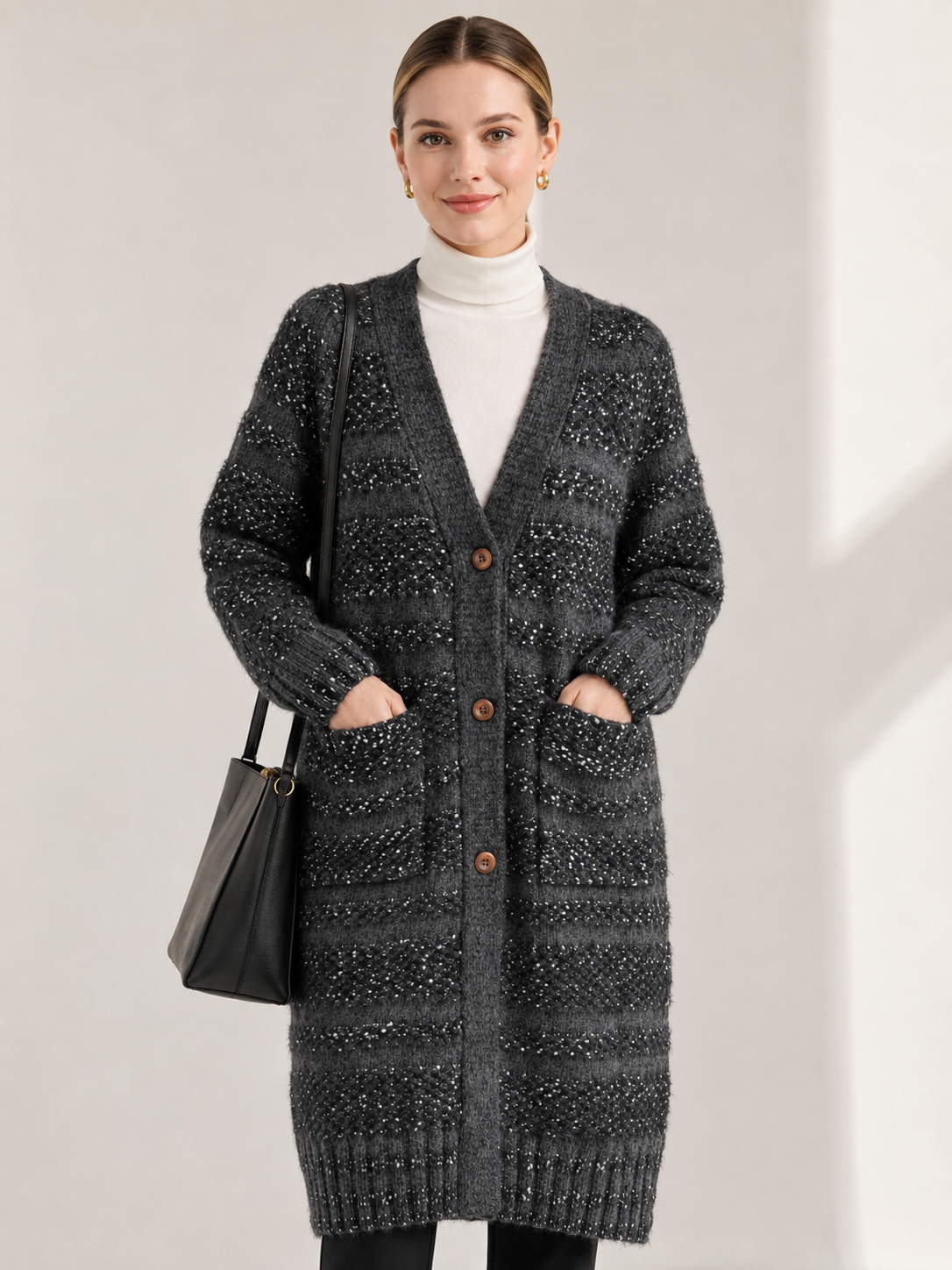 Women's Long Wool Blend Cardigan Coat with V Neck Wooden Buttons