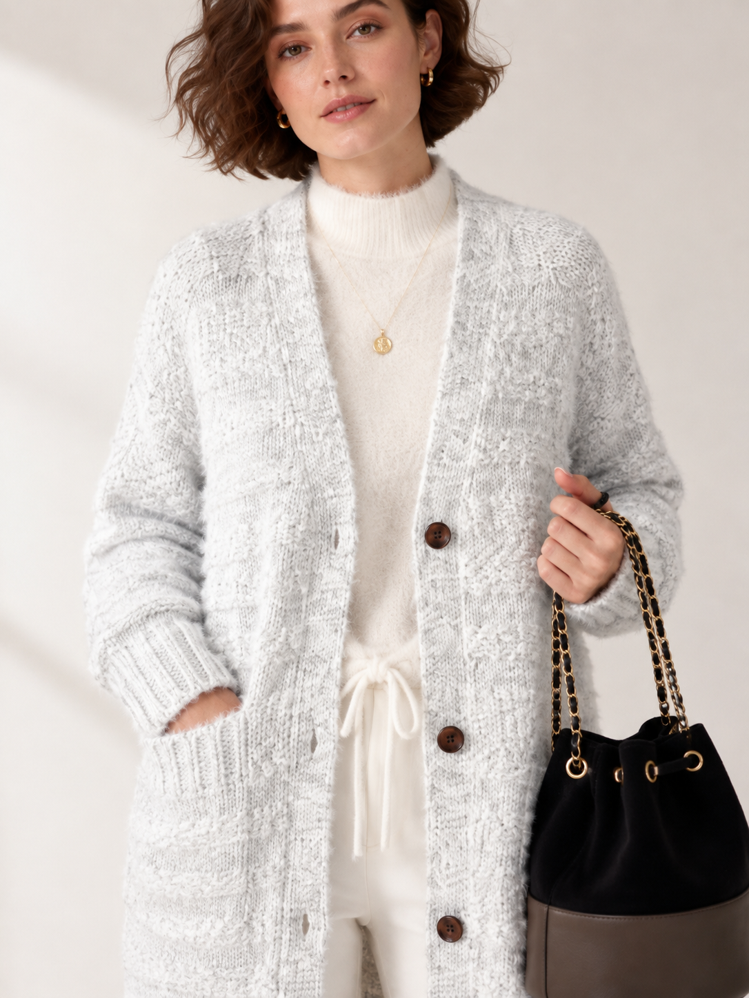 Women's Long Wool Blend Cardigan Coat with V Neck Wooden Buttons