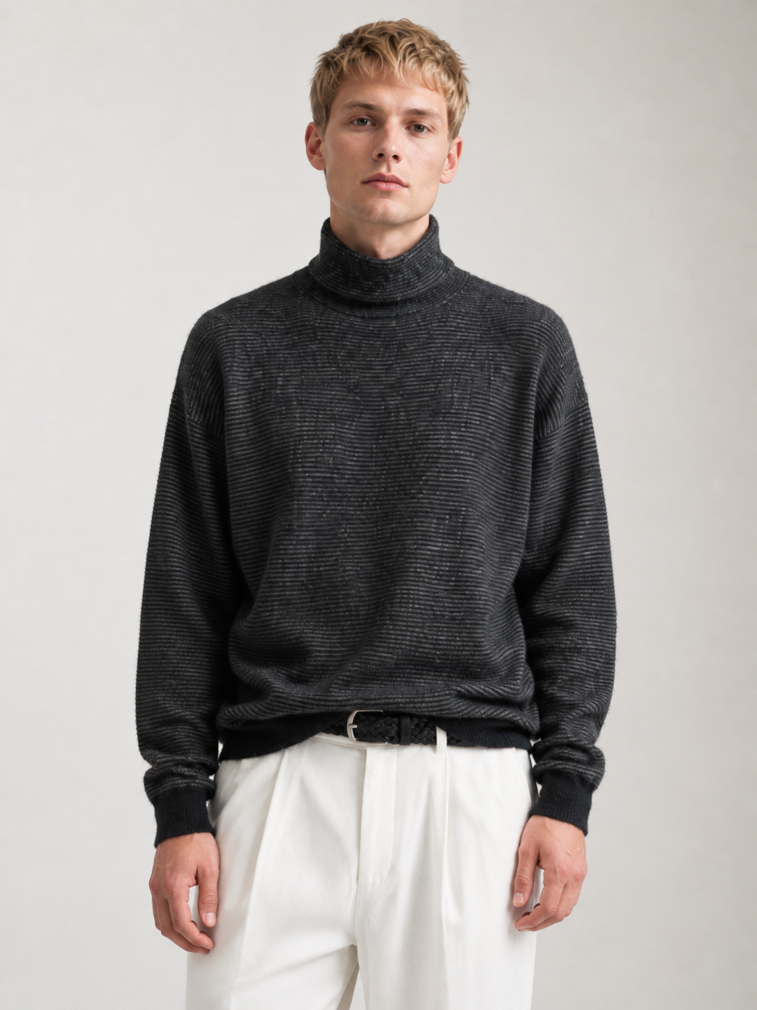 Men's Faux Mink Turtleneck Sweater with Horizontal Stripe Knit