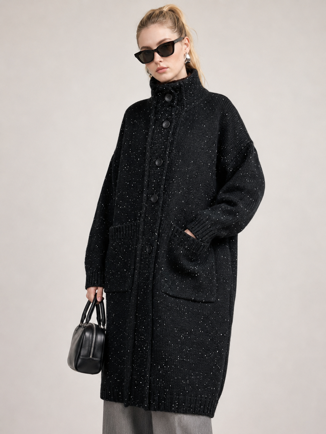 Women's Wool Blend Long Knit Cardigan Coat with Stand Collar & Multi Buttons