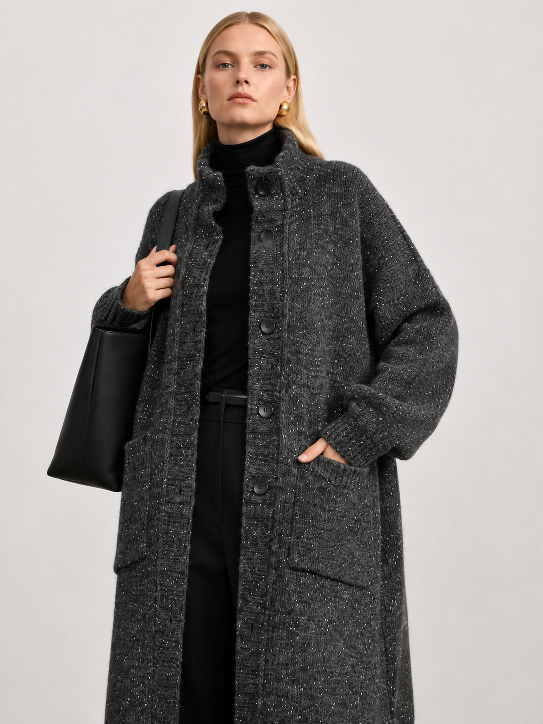 Women's Wool Blend Long Knit Cardigan Coat with Stand Collar & Multi Buttons