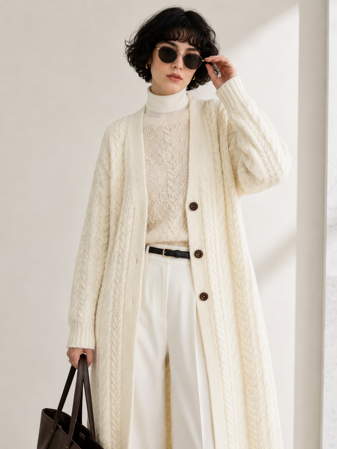 Women's Wool Blend Long Cable Knit Cardigan Coat with V Neck & Wooden Buttons