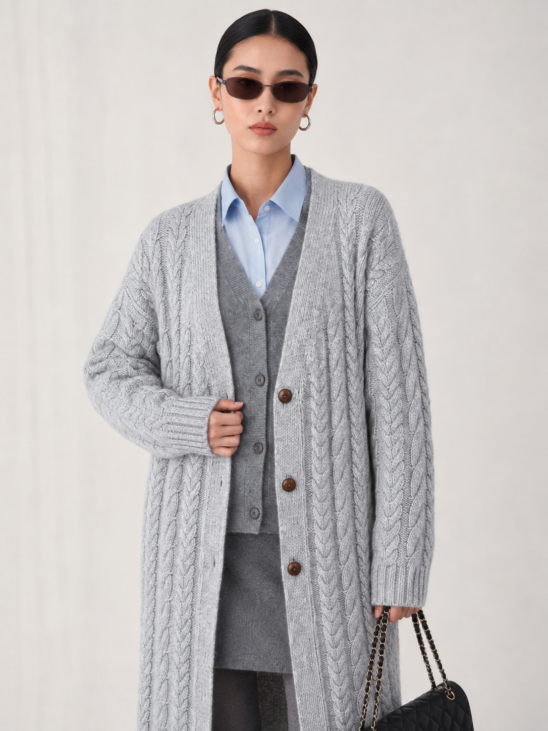 Women's Wool Blend Long Cable Knit Cardigan Coat with V Neck & Wooden Buttons