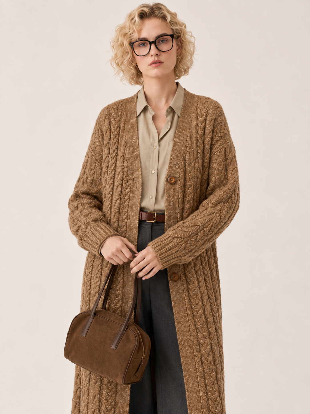Women's Wool Blend Long Cable Knit Cardigan Coat with V Neck & Wooden Buttons