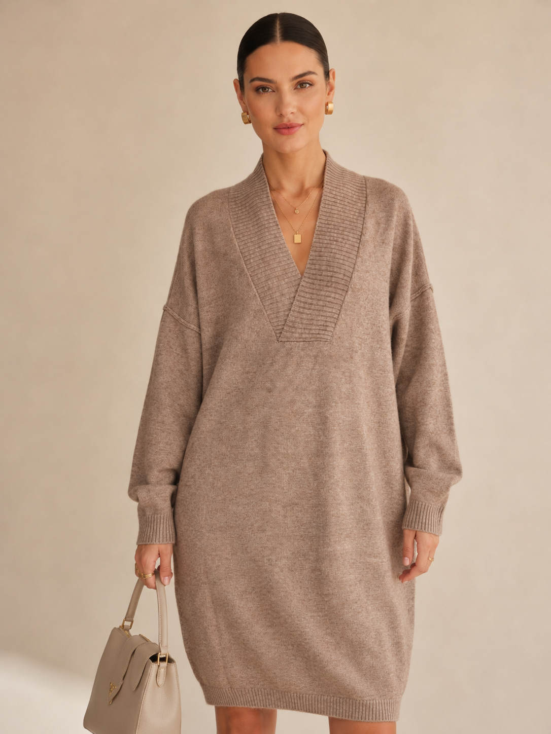 Women's Faux Cashmere V Neck Knit Dress