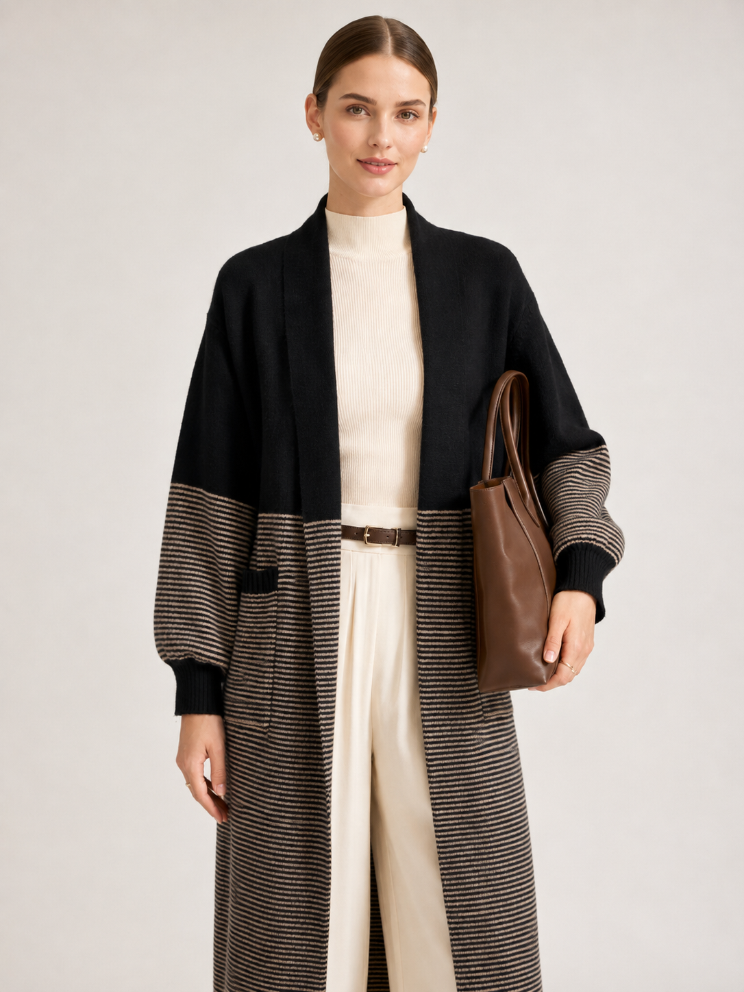 Women's Wool Blend Long Cardigan Coat with Contrast Stripes