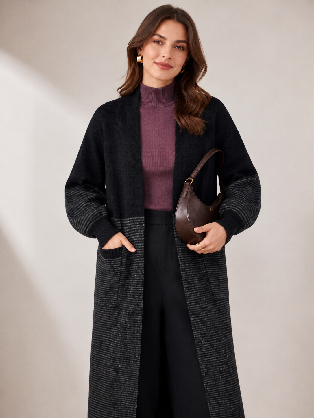 Women's Wool Blend Long Cardigan Coat with Contrast Stripes