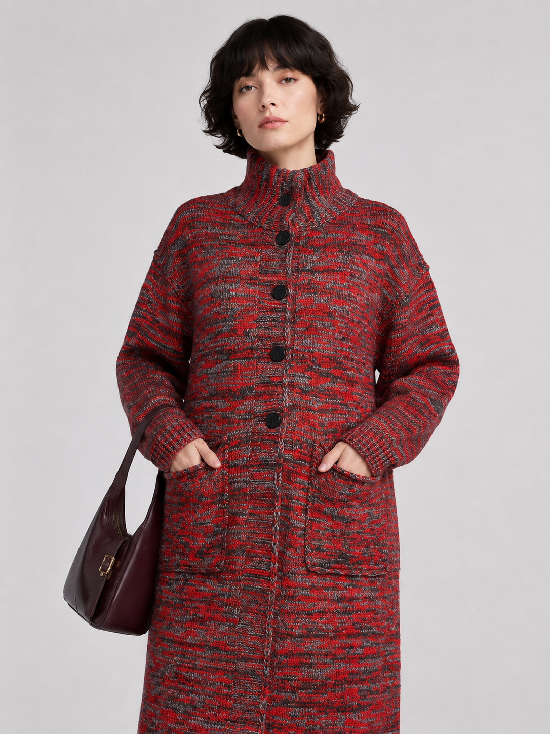Women's Wool Blend High Neck Long Knit Coat Cardigan with Multi Buttons