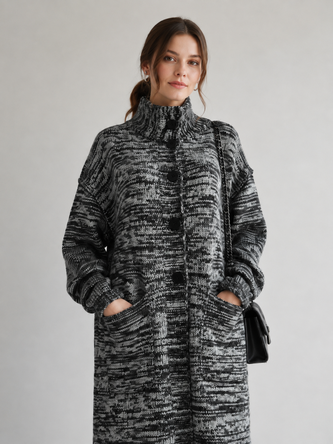 Women's Wool Blend High Neck Long Knit Coat Cardigan with Multi Buttons