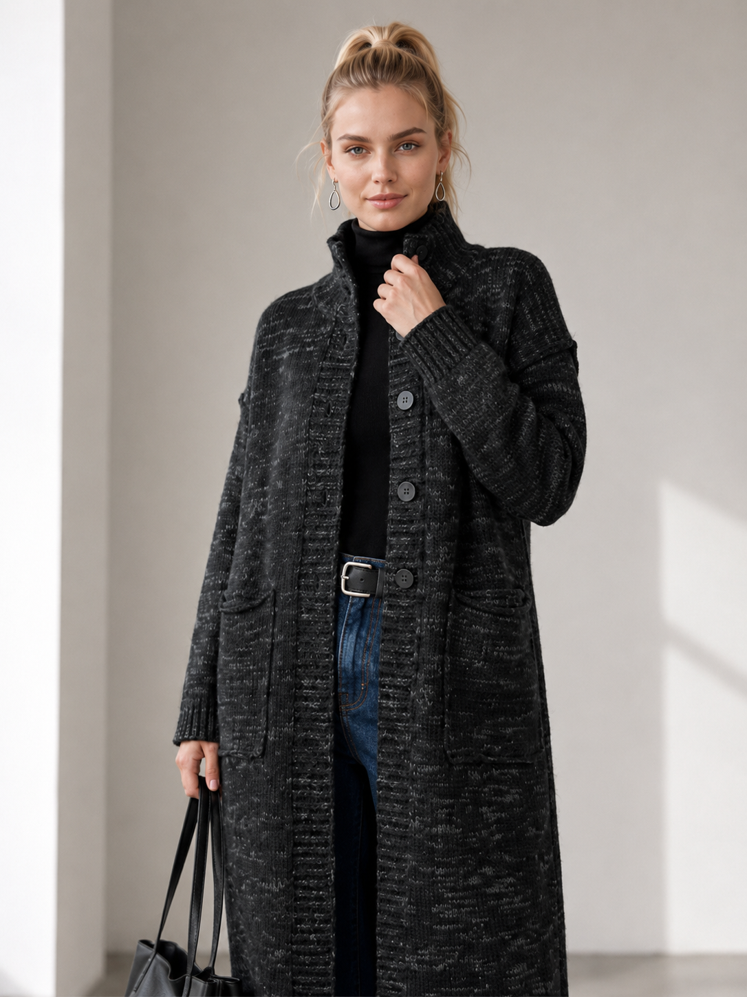 Women's Wool Blend High Neck Long Knit Coat Cardigan with Multi Buttons
