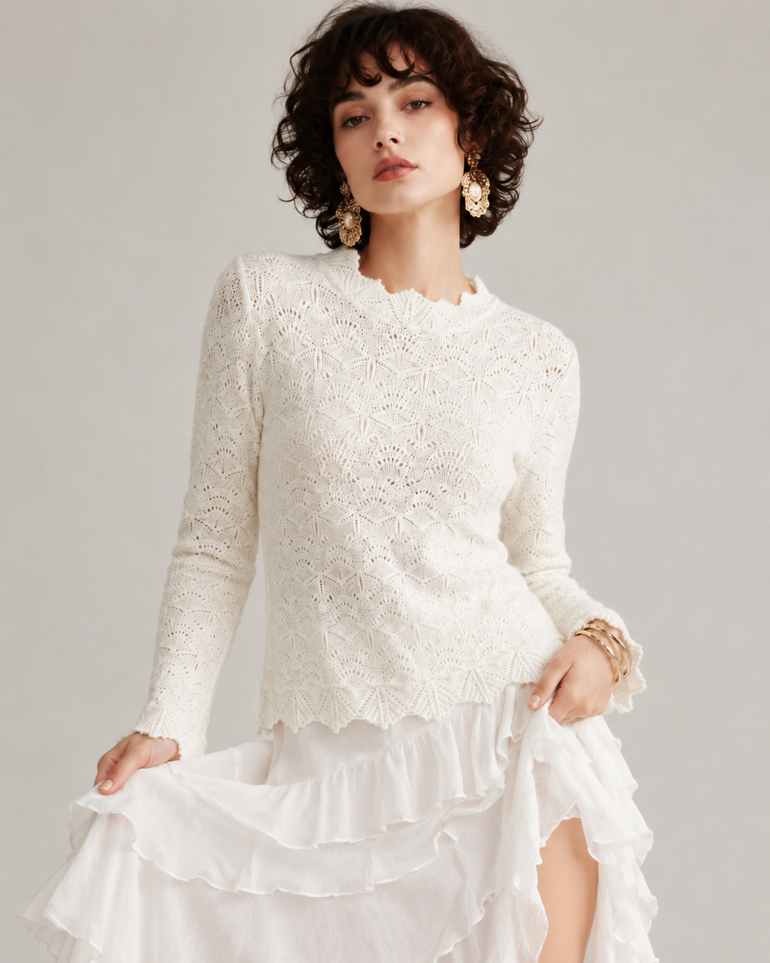 Women's French Vintage Crochet Knit Top