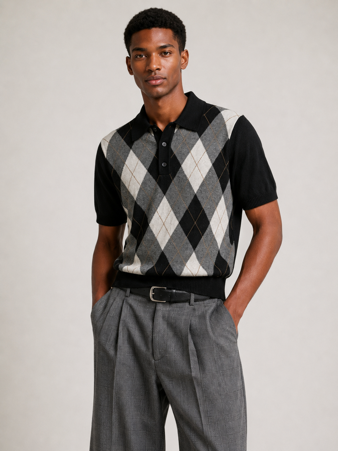 Wool Blend Polo Knit Shirt Argyle Diamond Jacquard Short Sleeve Retro Top