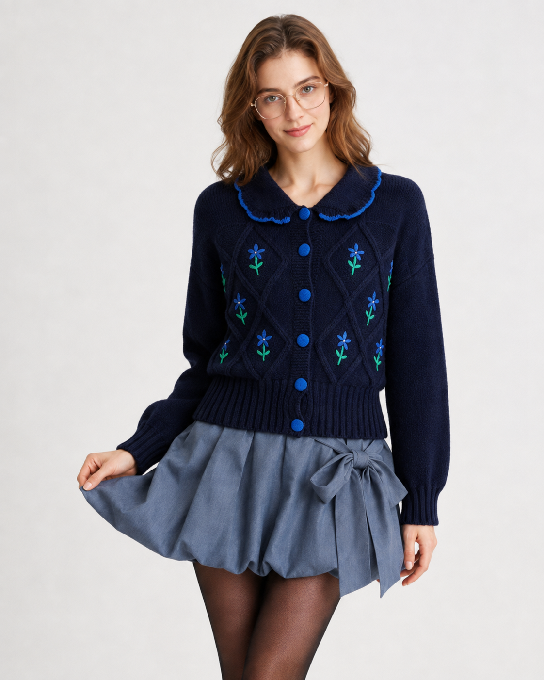 Women’s Jacquard Knit Cardigan Vintage Doll Collar Sweater