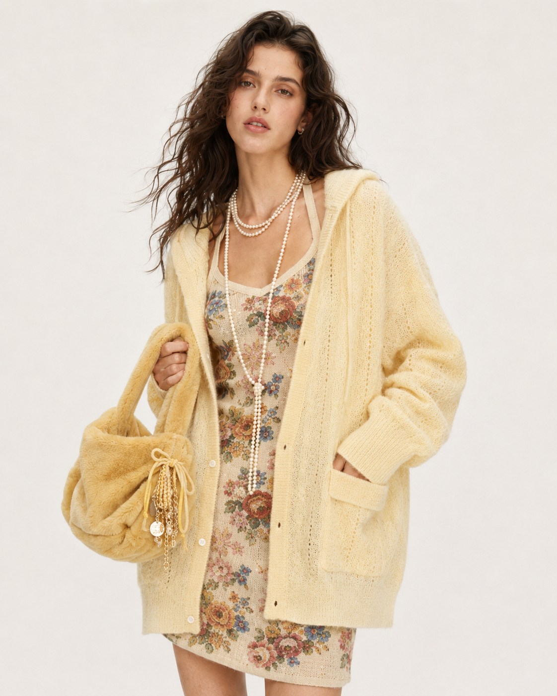 Baby Mohair Wool Blend Hoodie Sweater Cable Knit Cardigan