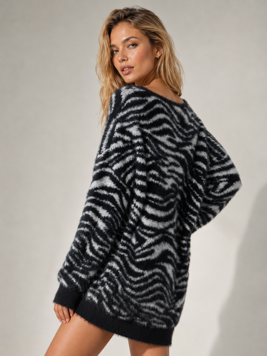 Women's Zebra Print Fuzzy Knit Sweater V Neck Off Shoulder Pullover | Soft Stretch Knitwear Wholesale Factory