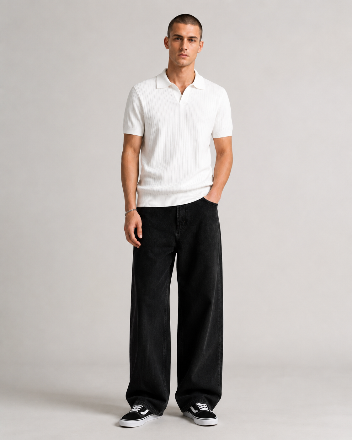 Men's Ribbed Knit Polo Shirt Short Sleeve V-Neck Top