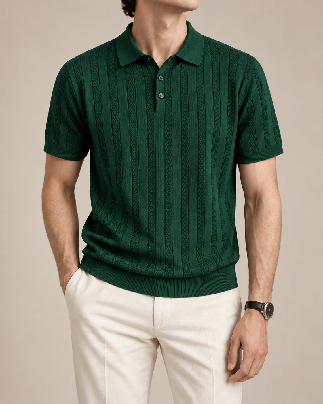 Men’s Old-Money Style Cool-Touch Wheat Cable-Knit Polo
