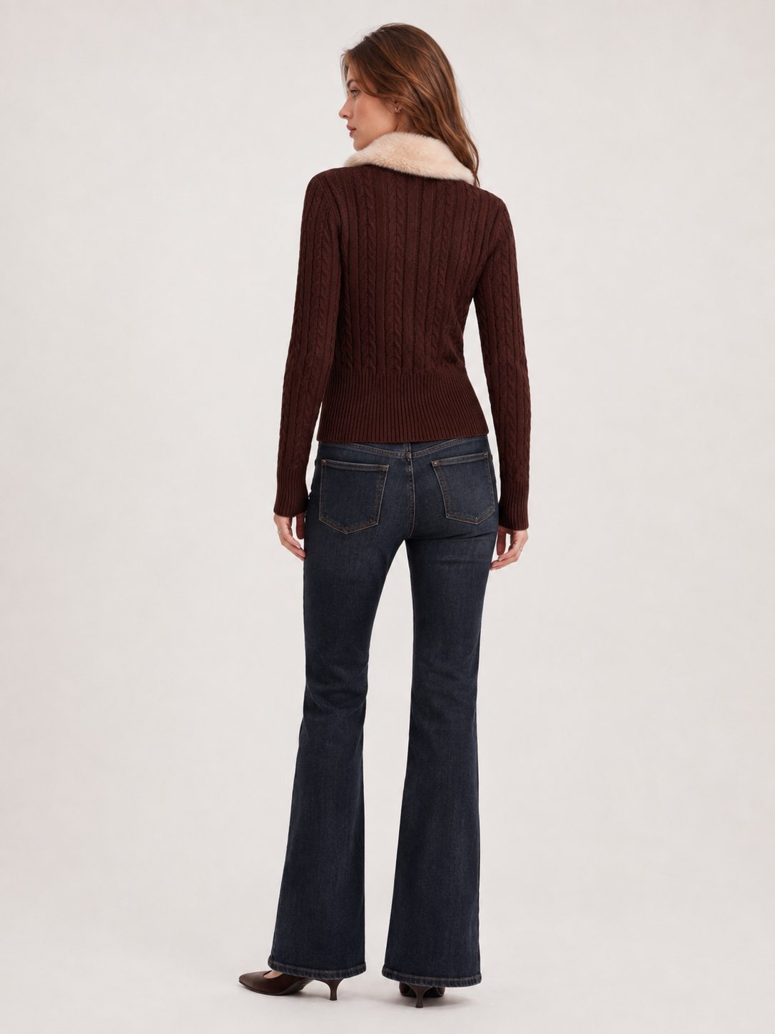 Women’s Vintage Cable Knit Sweater Fur Collar Slim Fit Cropped Top