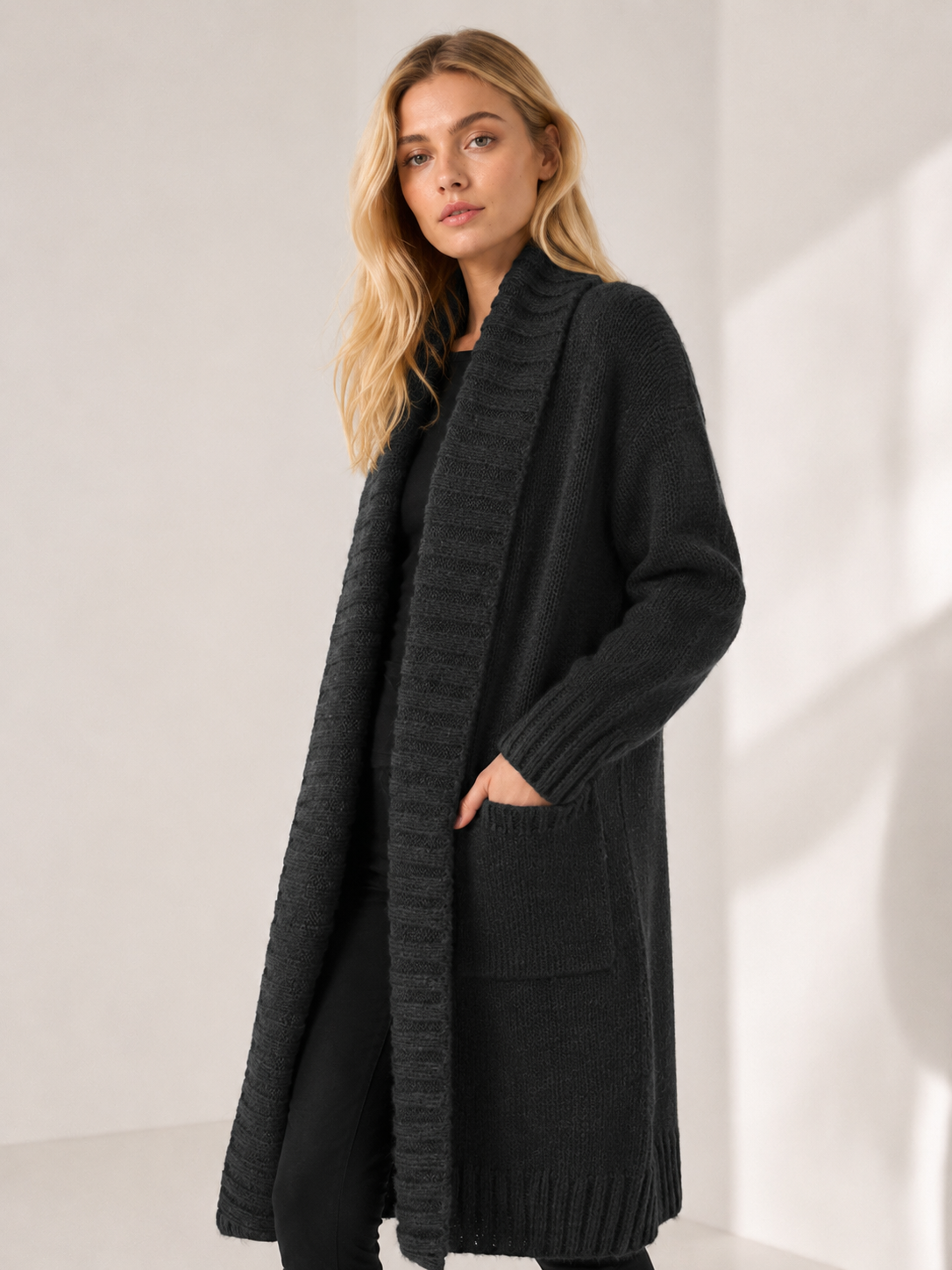 Women's Wool Blend Long Ribbed Knit Cardigan Sweater