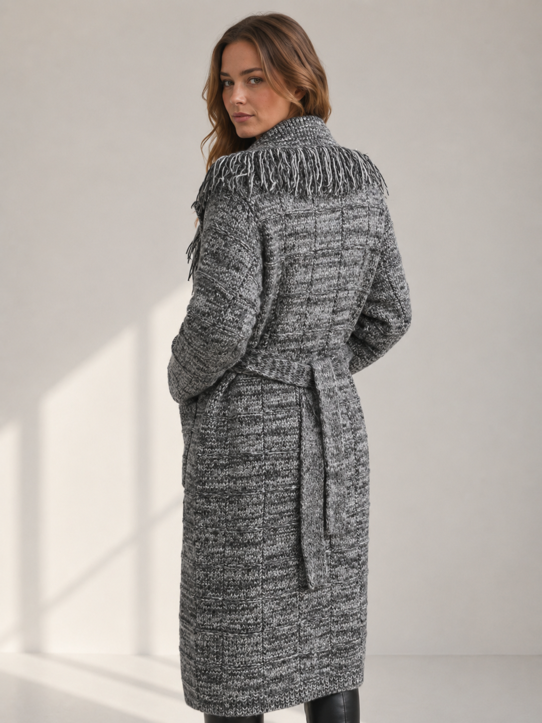 Women's Wool Blend Long Cardigan Sweater with Fringe Detail Belt
